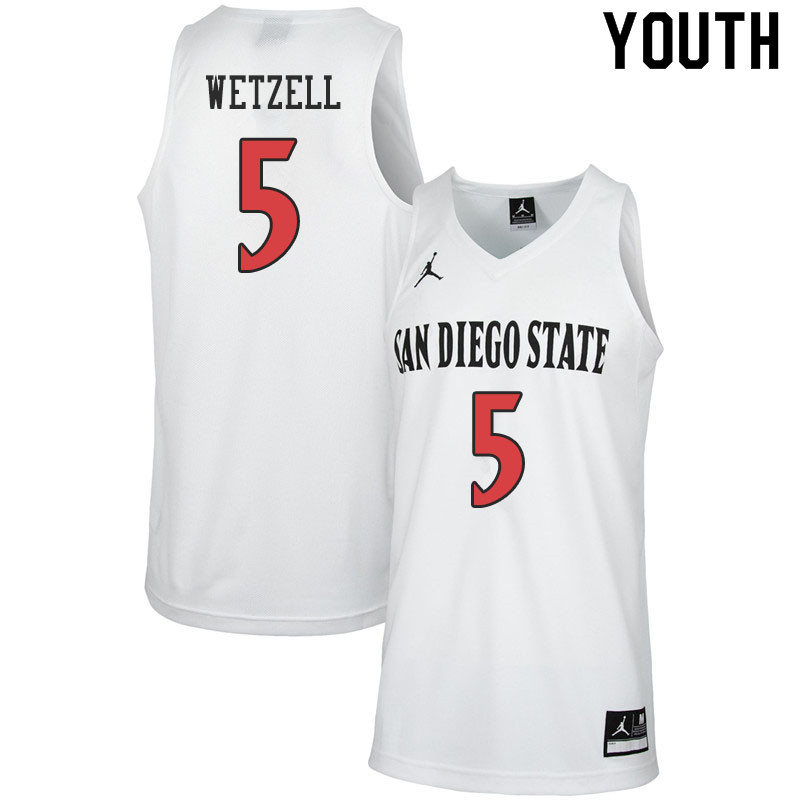 Jordan Brand Youth #5 Yanni Wetzell San Diego State Aztecs College Basketball Jerseys Sale-White